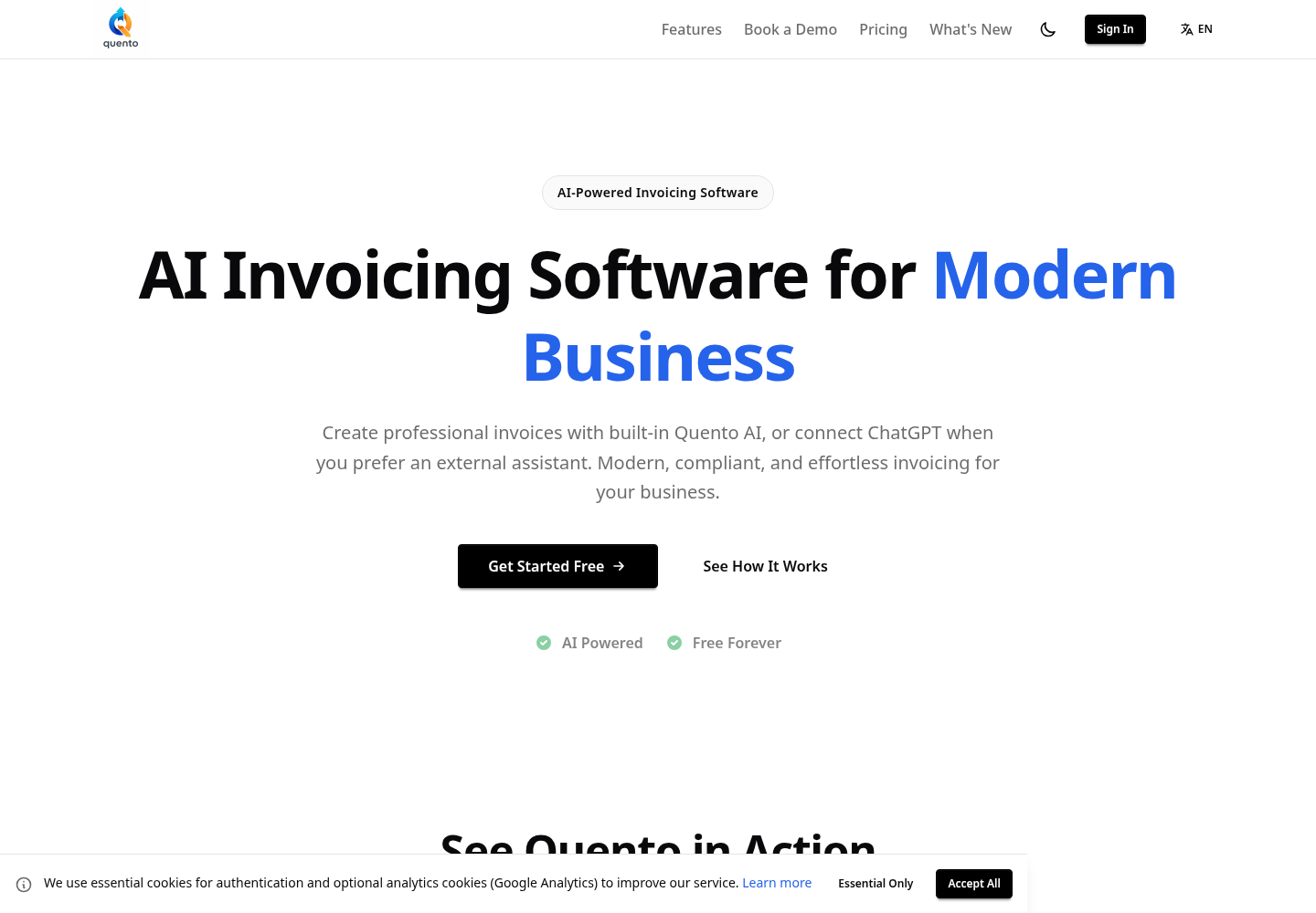 Quento invoicing application homepage
